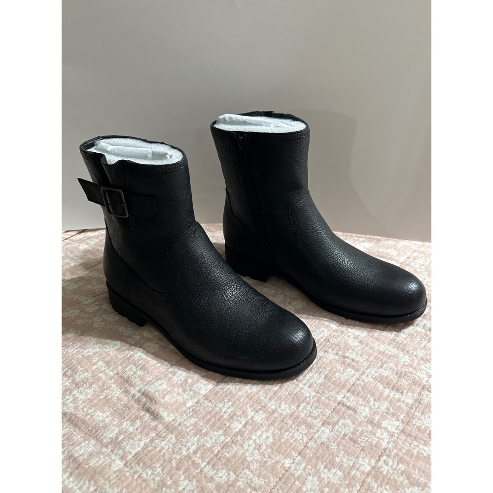 Vionic Womens Jill Black Pebbled Leather Ankle Boots Buckle Zip Lug Sole 7 Wide